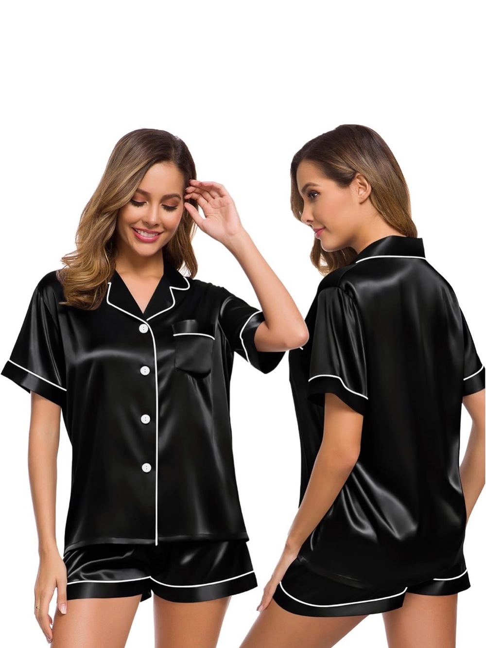 Women's Black Satin Short-Sleeve Pajama Set with White Piping